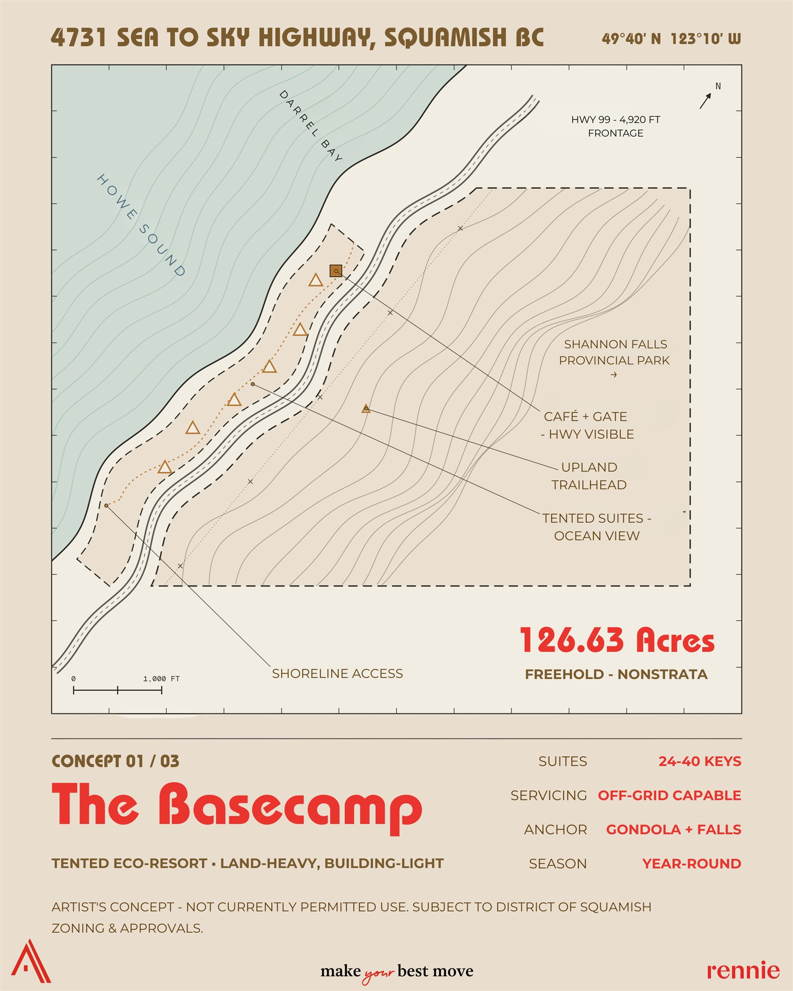 The Basecamp: warm cream map poster of a tented eco-resort concept along Howe Sound