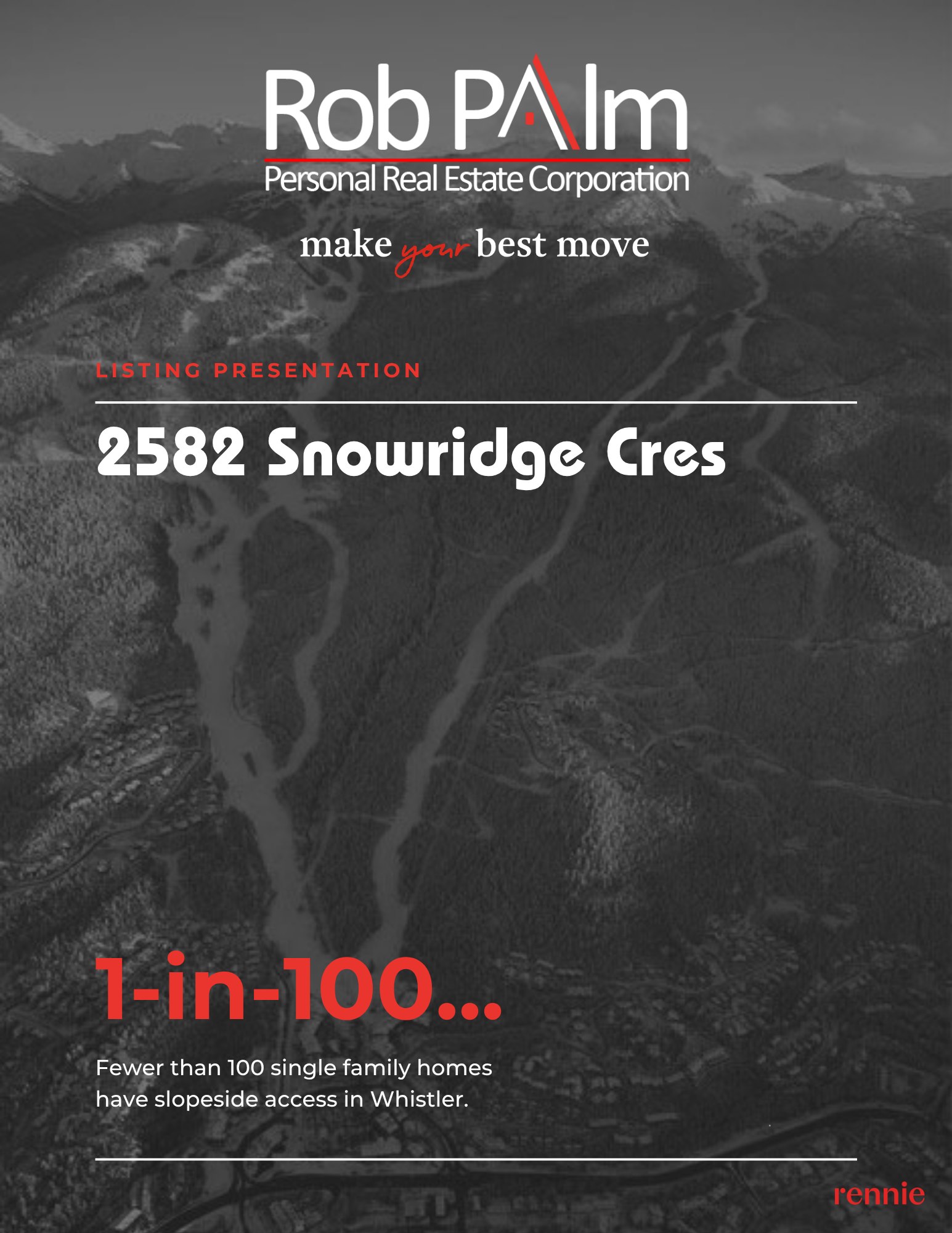 Listing presentation cover: 2582 Snowridge Cres over a dark aerial of Whistler's ski runs, headlined 1-in-100