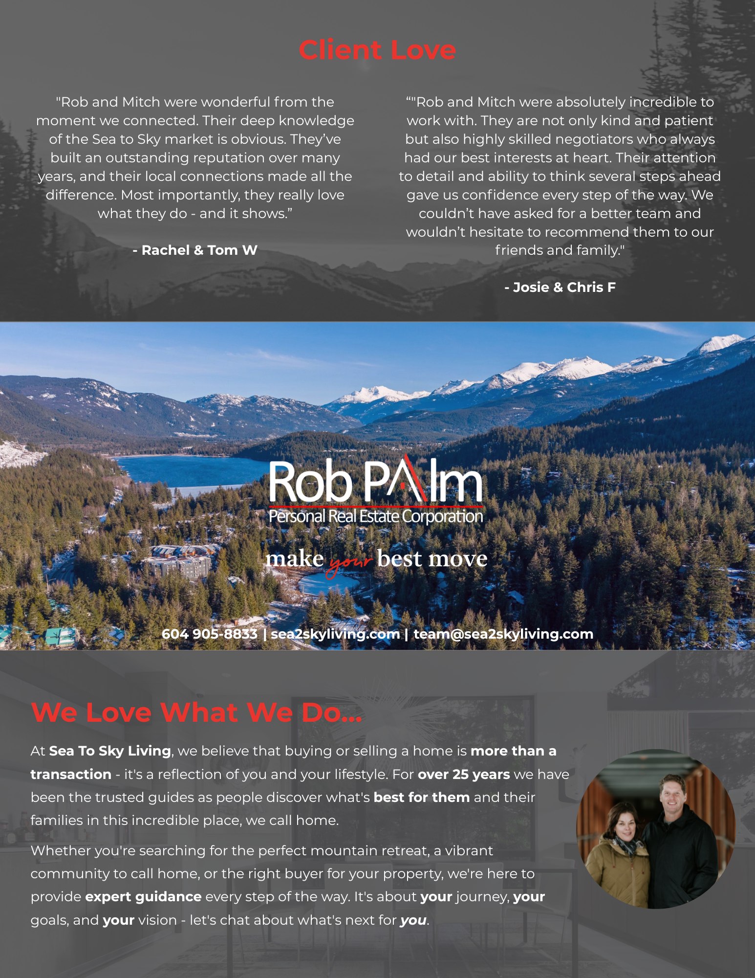 Whistler tri-fold brochure panels: client testimonials over an alpine panorama with the Rob Palm wordmark