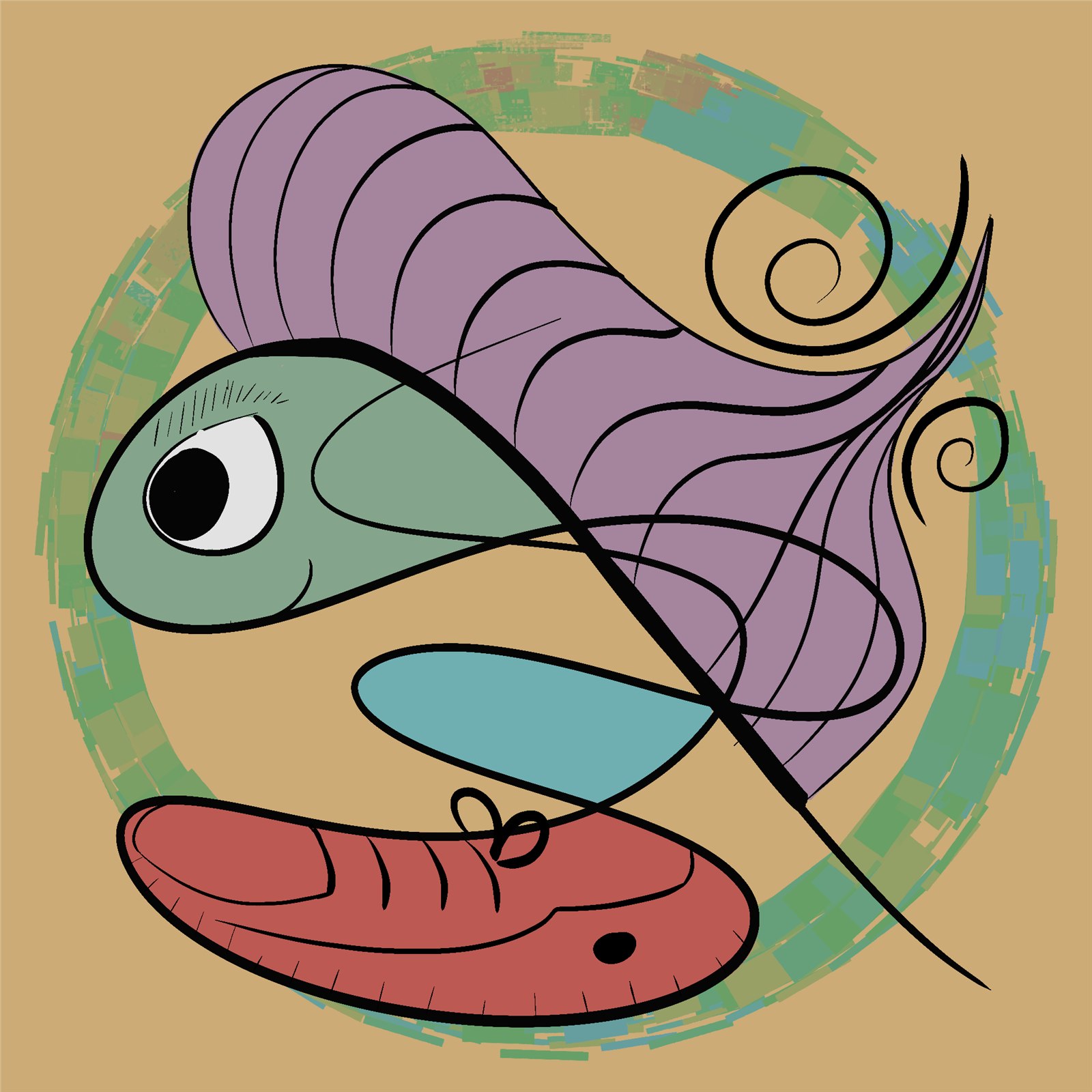 Circular logo combining a fish face, dragonfly wings and a shrimp tail